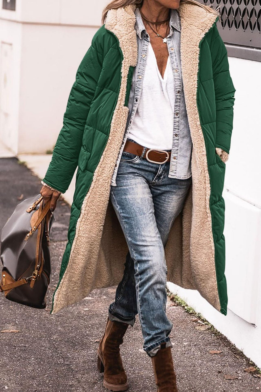 Rosalie reversible hooded long puffer coat in green with contrast lining, front view