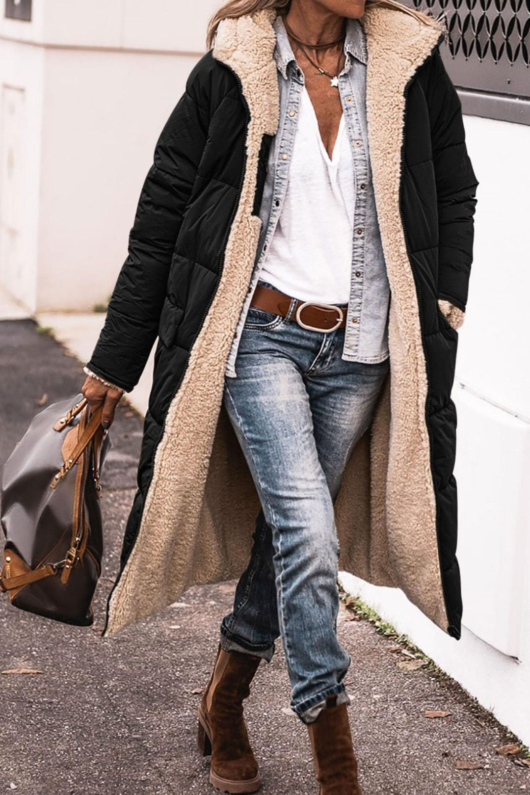 Rosalie reversible hooded long puffer coat in black with contrast lining, front view