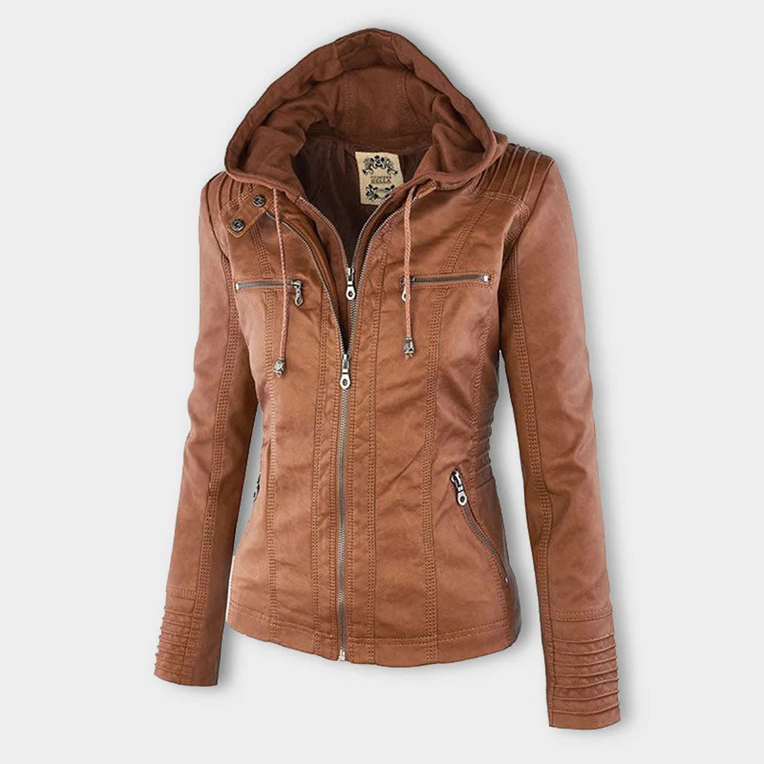 Rosalind hooded faux leather jacket, front view zipped up