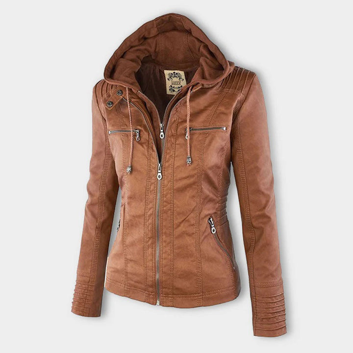 Rosalind hooded faux leather jacket, front view zipped up
