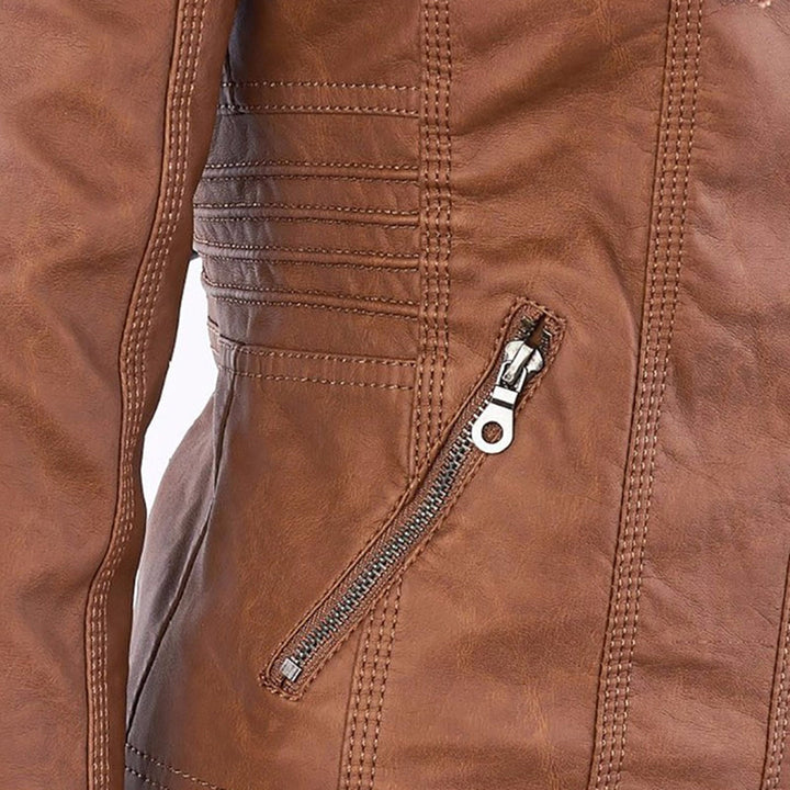 Rosalind hooded faux leather jacket in black, front view