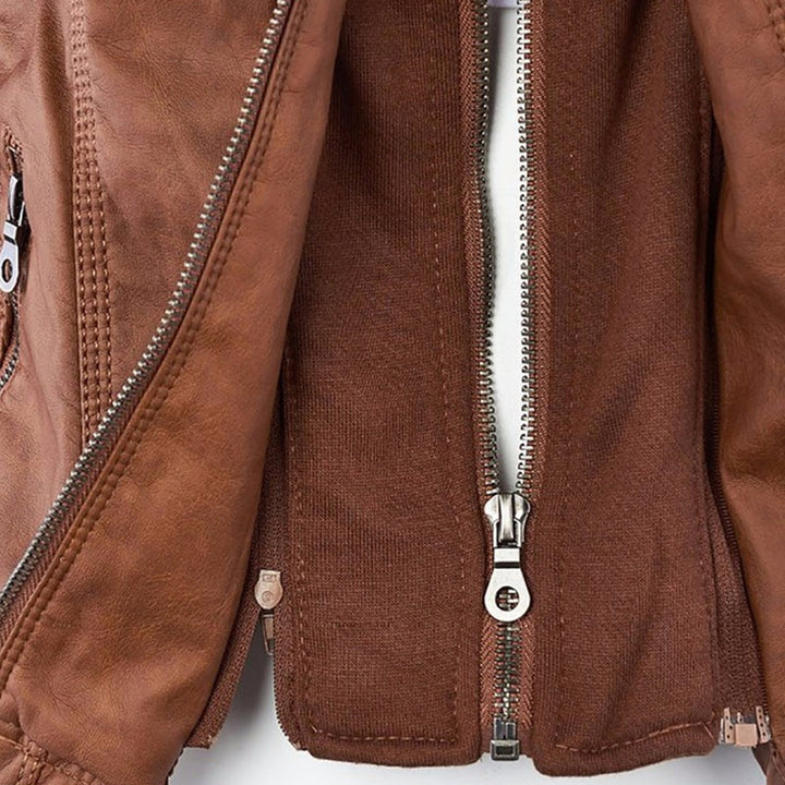 Rosalind hooded faux leather jacket in black, front view