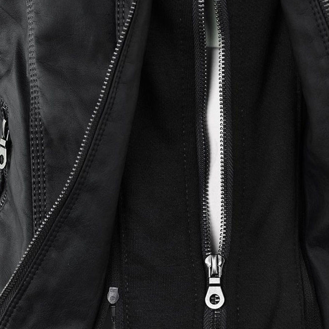 Rosalind hooded faux leather jacket in black, front view