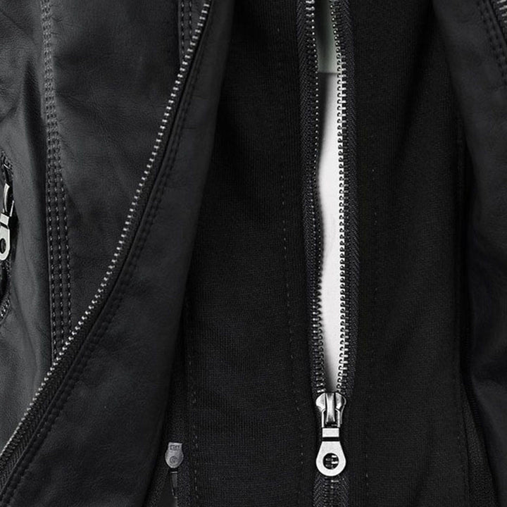Rosalind hooded faux leather jacket in black, front view
