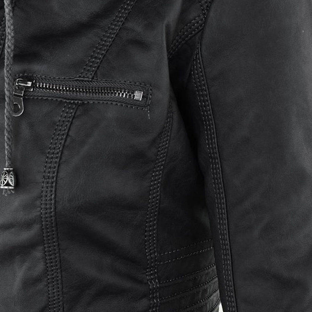 Rosalind hooded faux leather jacket in black, front view