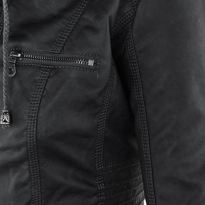 Rosalind hooded faux leather jacket in black, front view
