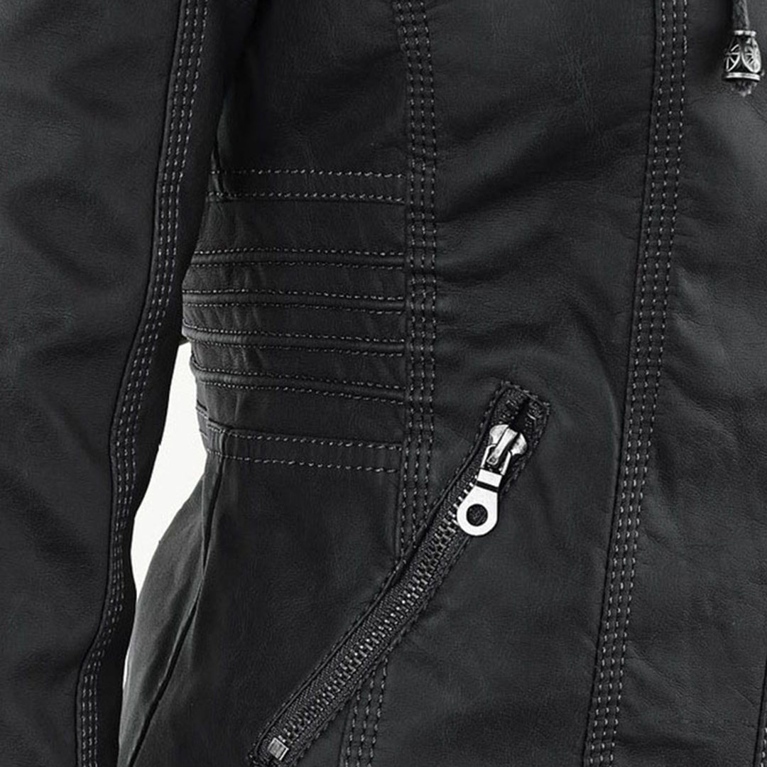 Rosalind hooded faux leather jacket in black, front view