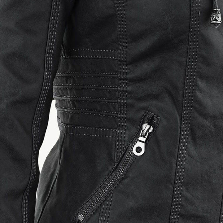 Rosalind hooded faux leather jacket in black, front view