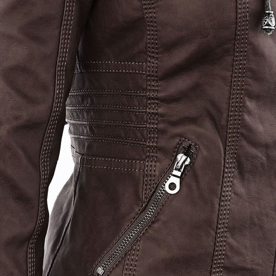 Rosalind hooded faux leather jacket in black, front view