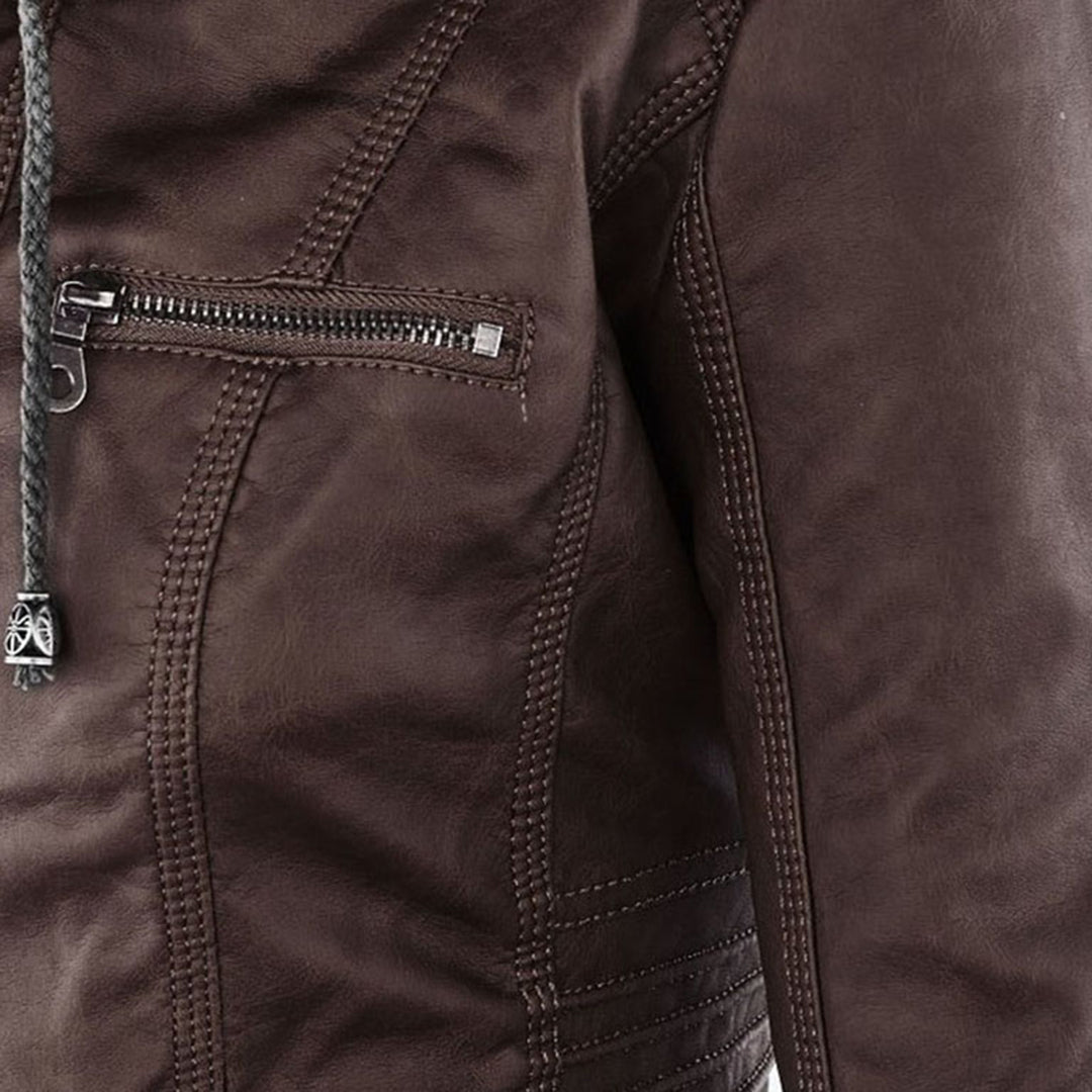 Rosalind hooded faux leather jacket in black, front view