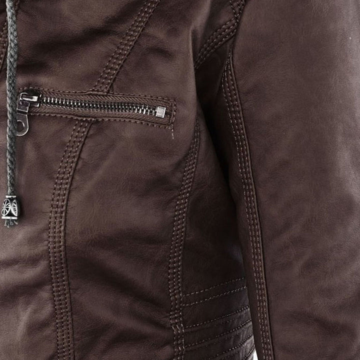 Rosalind hooded faux leather jacket in black, front view