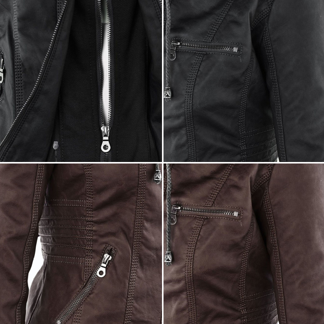 Rosalind hooded faux leather jacket in black, front view