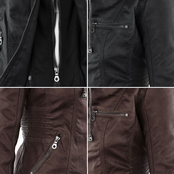 Rosalind hooded faux leather jacket in black, front view