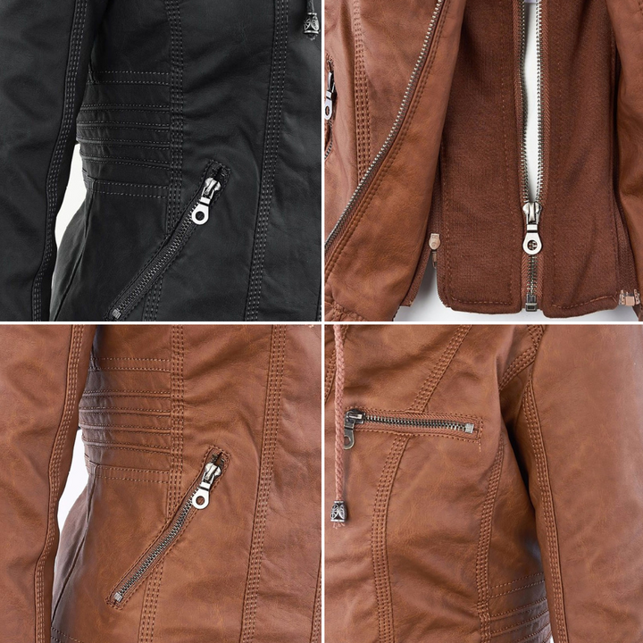 Rosalind hooded faux leather jacket in black, front view