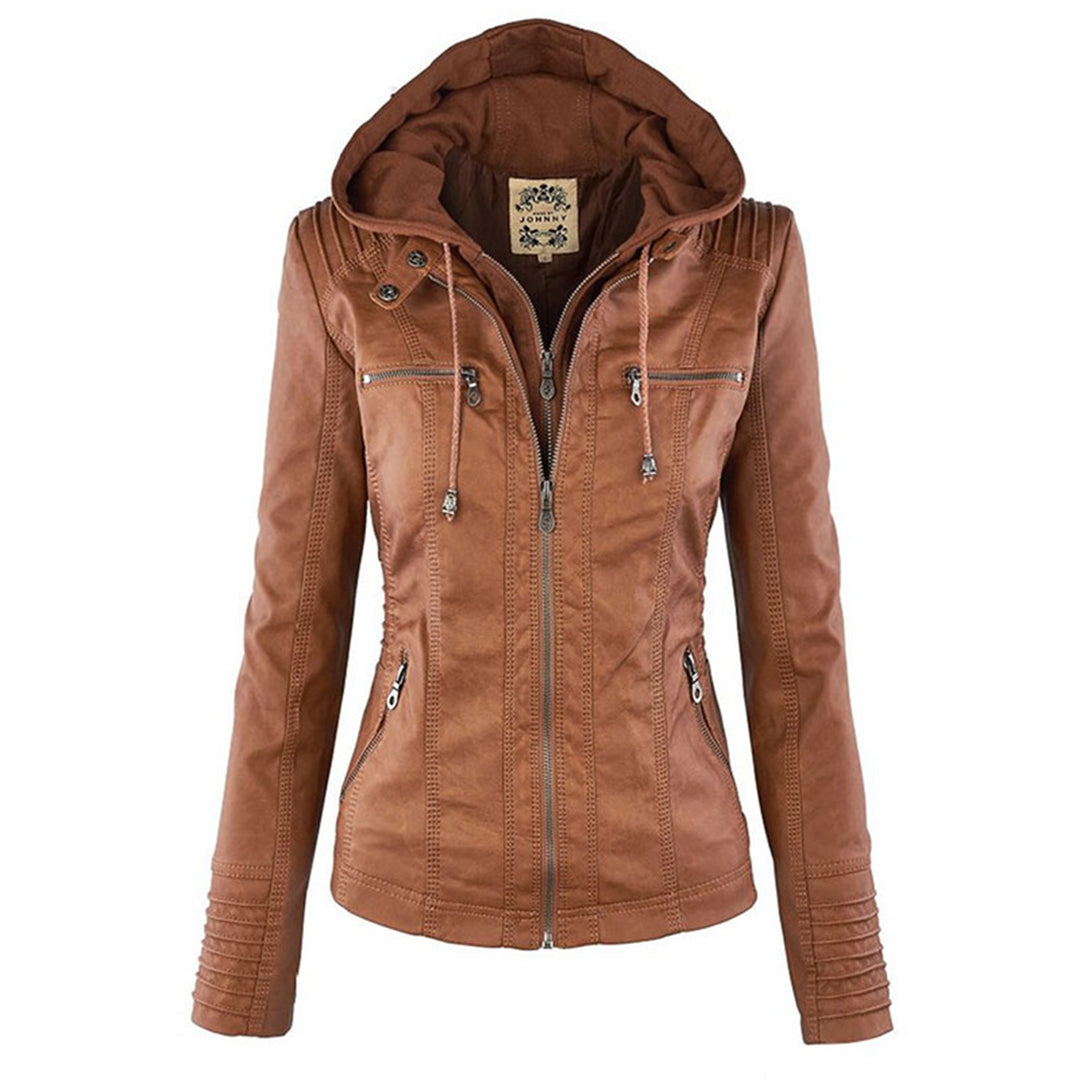 Rosalind hooded faux leather jacket in black, front view
