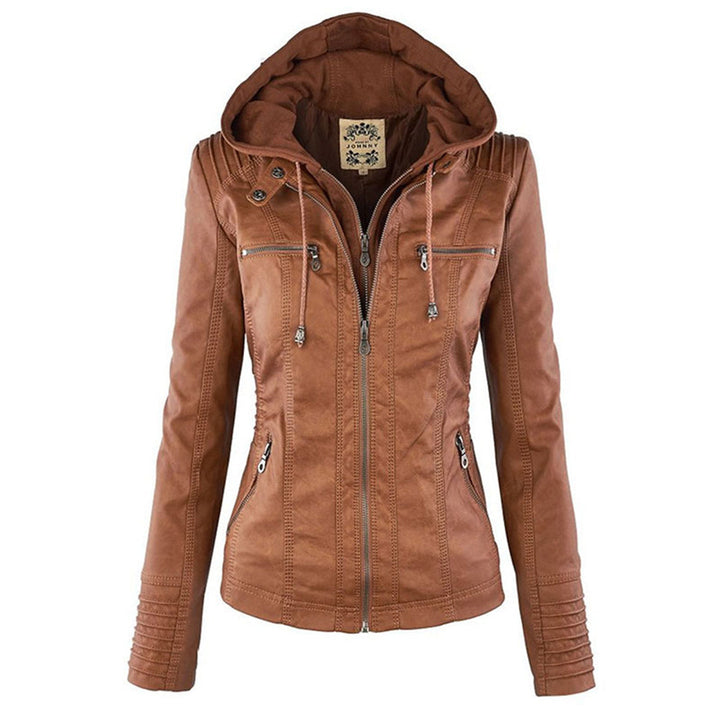 Rosalind hooded faux leather jacket in black, front view