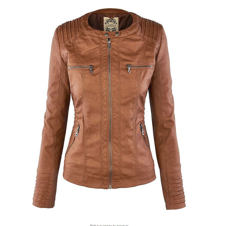 Rosalind hooded faux leather jacket, close-up front detail