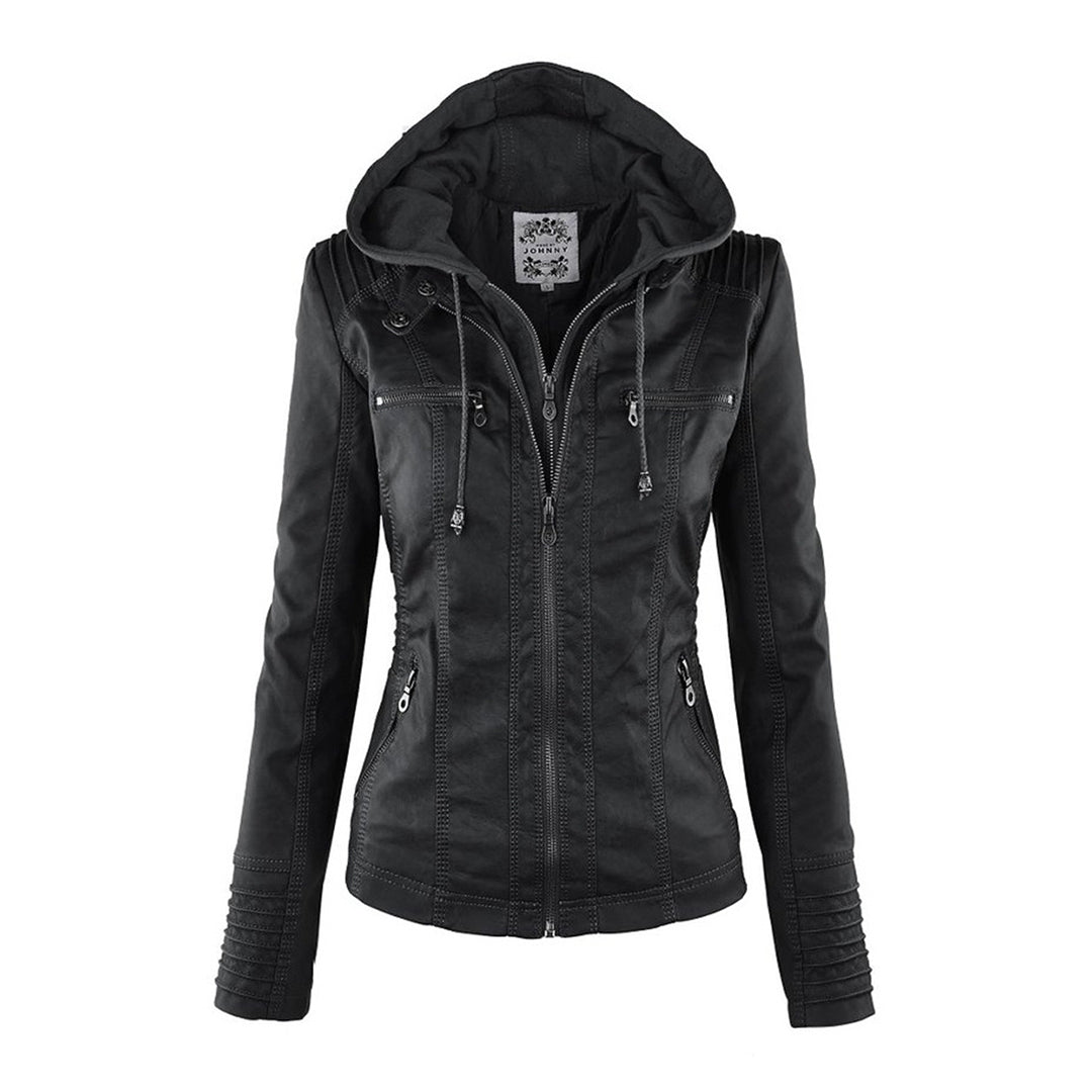 Rosalind hooded faux leather jacket in black, front view