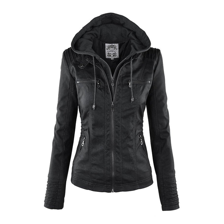 Rosalind hooded faux leather jacket in black, front view