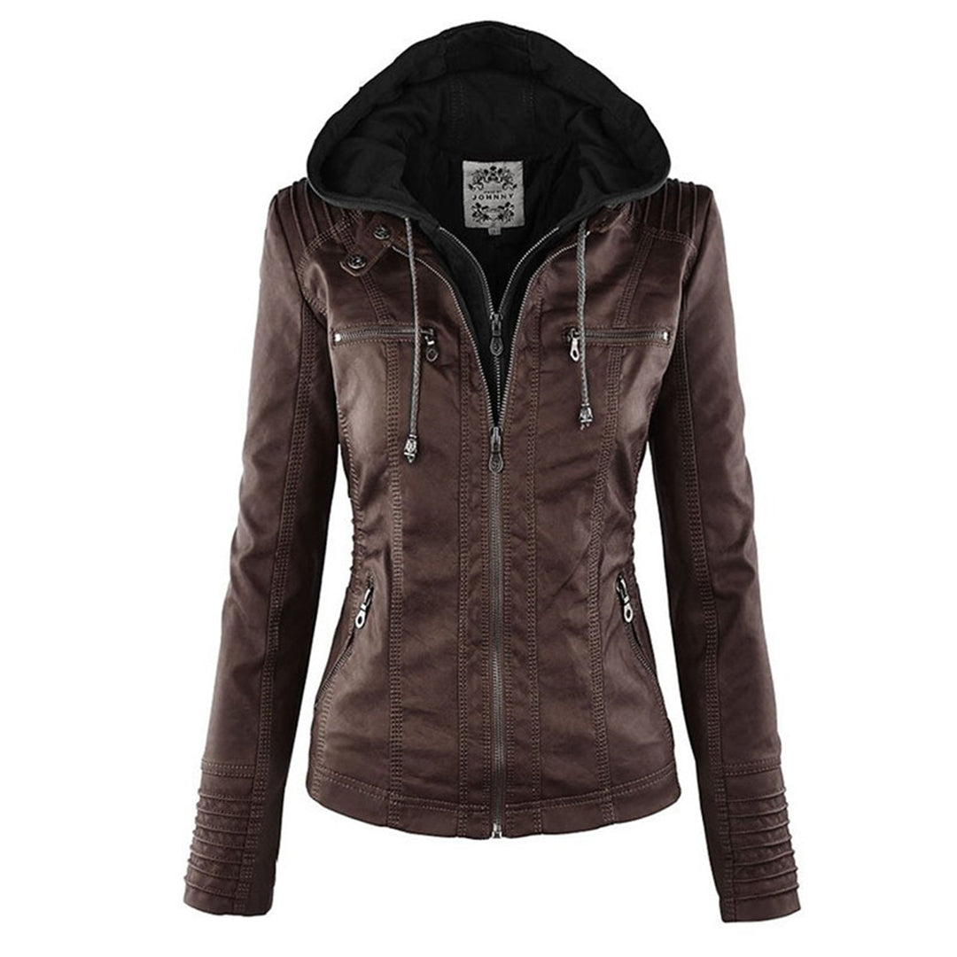 Rosalind hooded faux leather jacket in black, front view