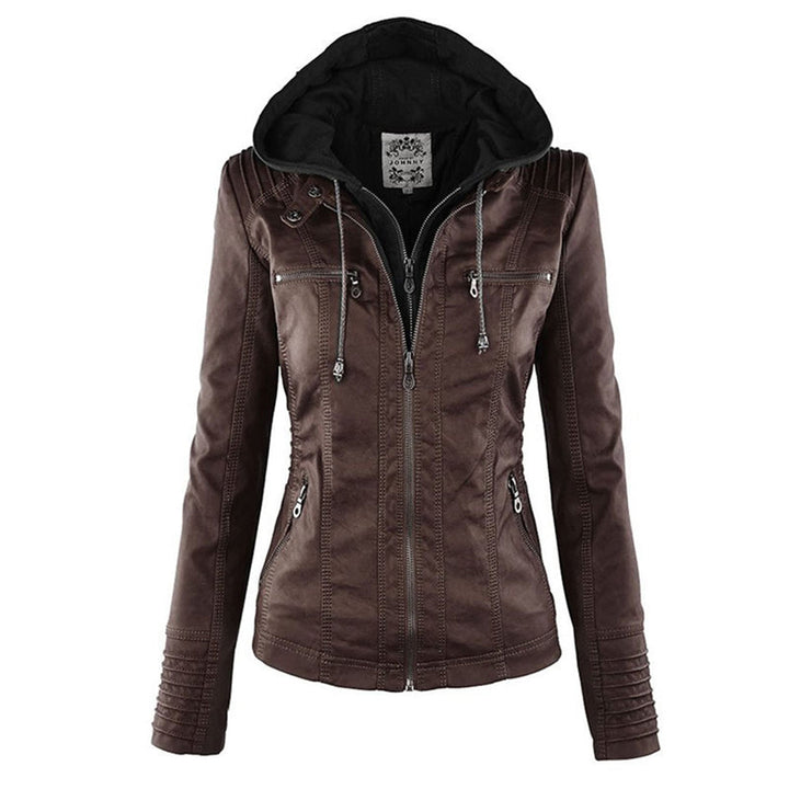 Rosalind hooded faux leather jacket in black, front view