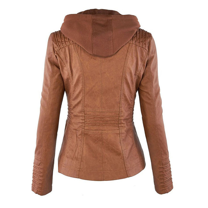 Rosalind hooded faux leather jacket, back view with hood