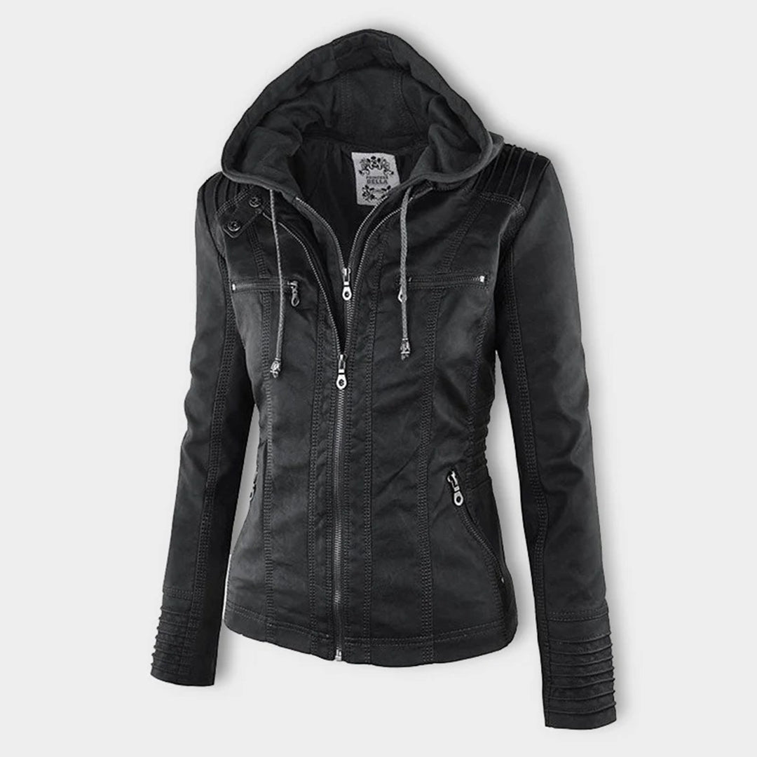 Rosalind hooded faux leather jacket in black, front view