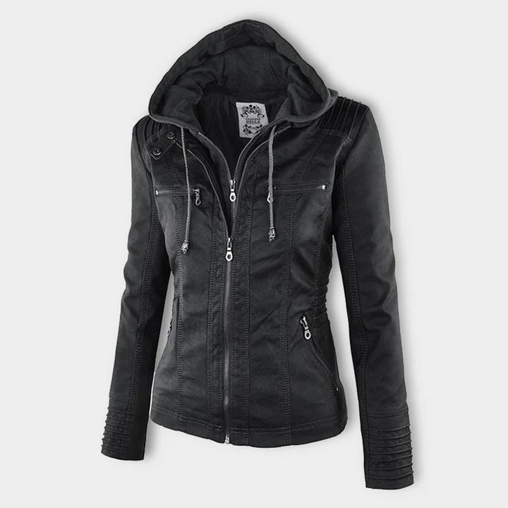 Rosalind hooded faux leather jacket in black, front view