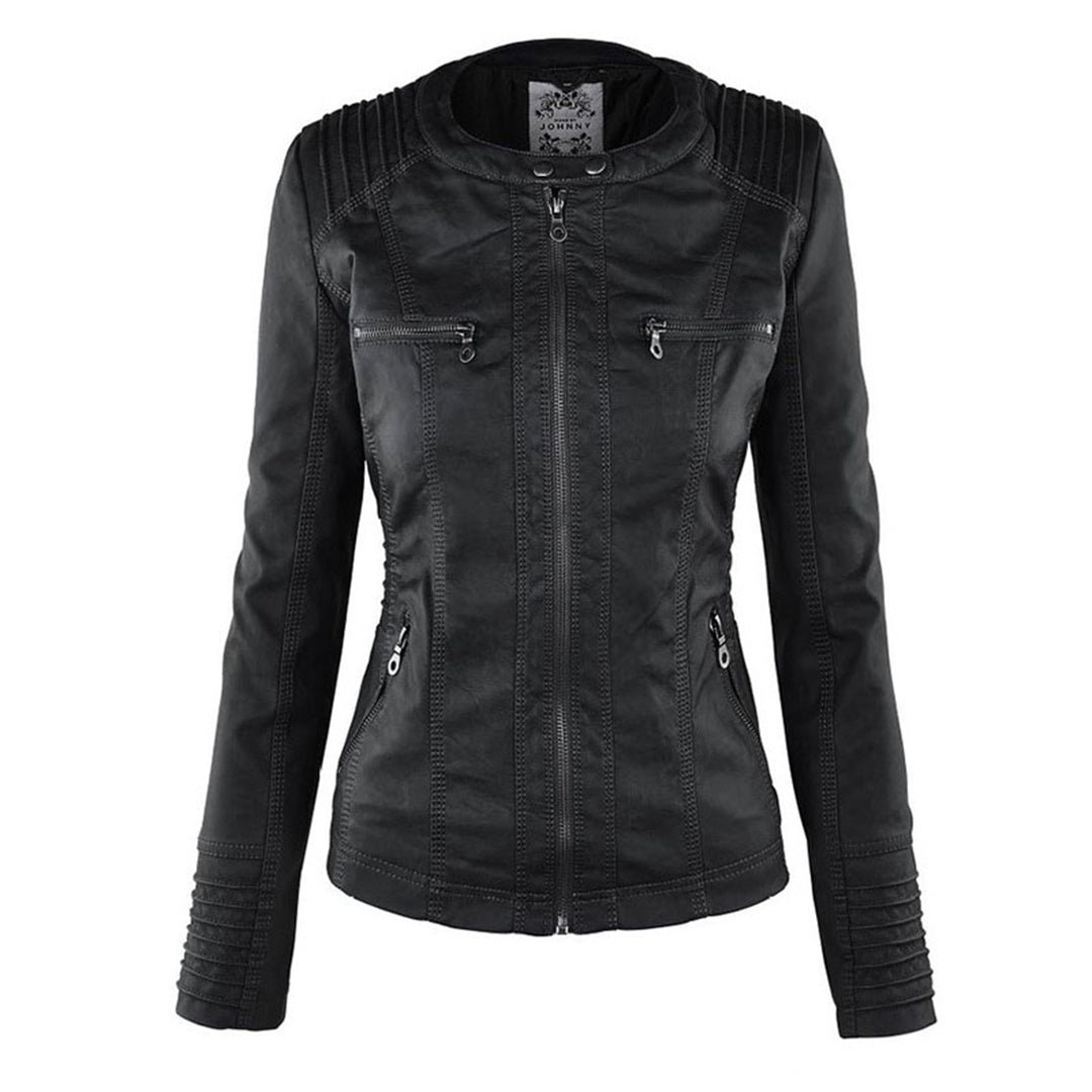 Rosalind hooded faux leather jacket in black, front view