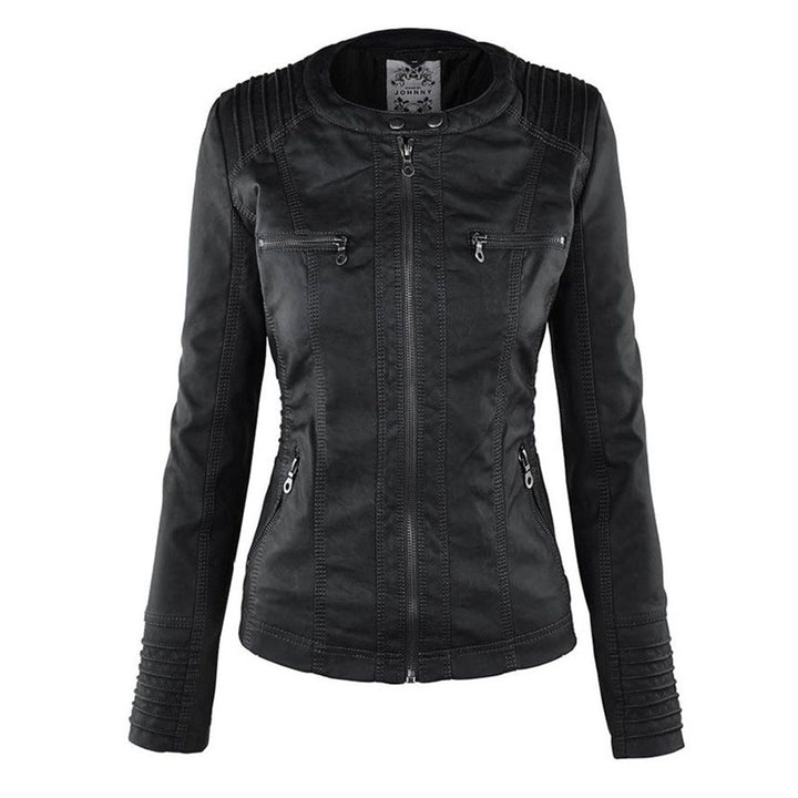 Rosalind hooded faux leather jacket in black, front view