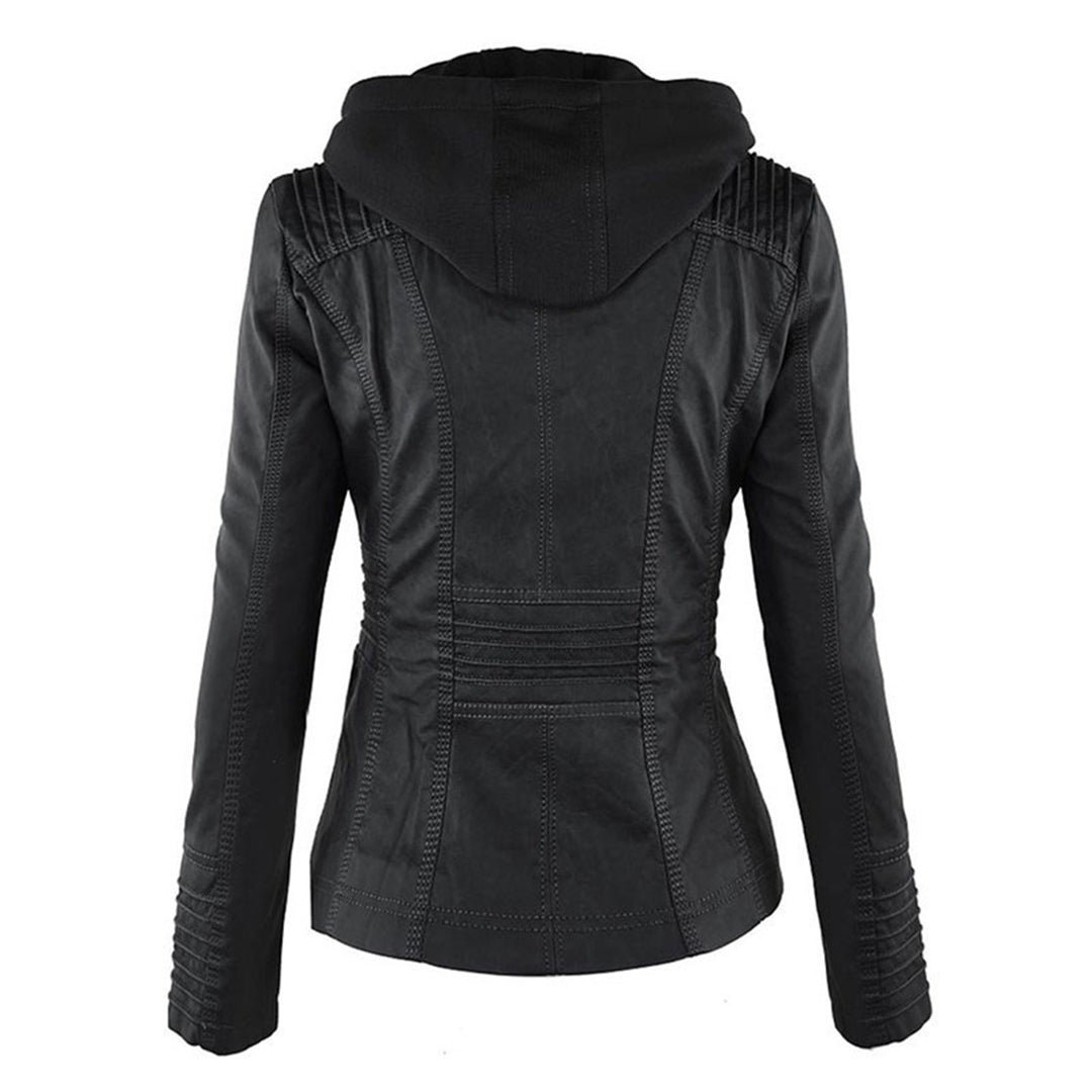 Rosalind hooded faux leather jacket in black, front view