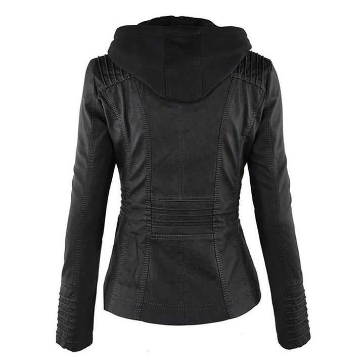 Rosalind hooded faux leather jacket in black, front view