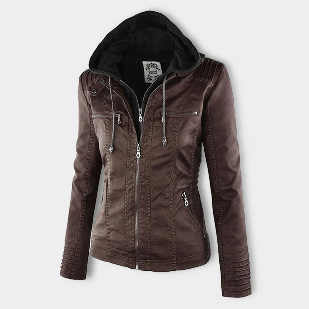 Rosalind hooded faux leather jacket in black, front view
