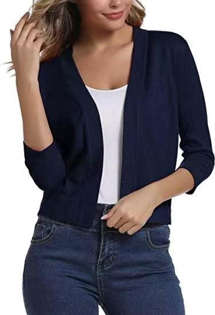 Rosalind open front cropped cardigan in navy blue, front view