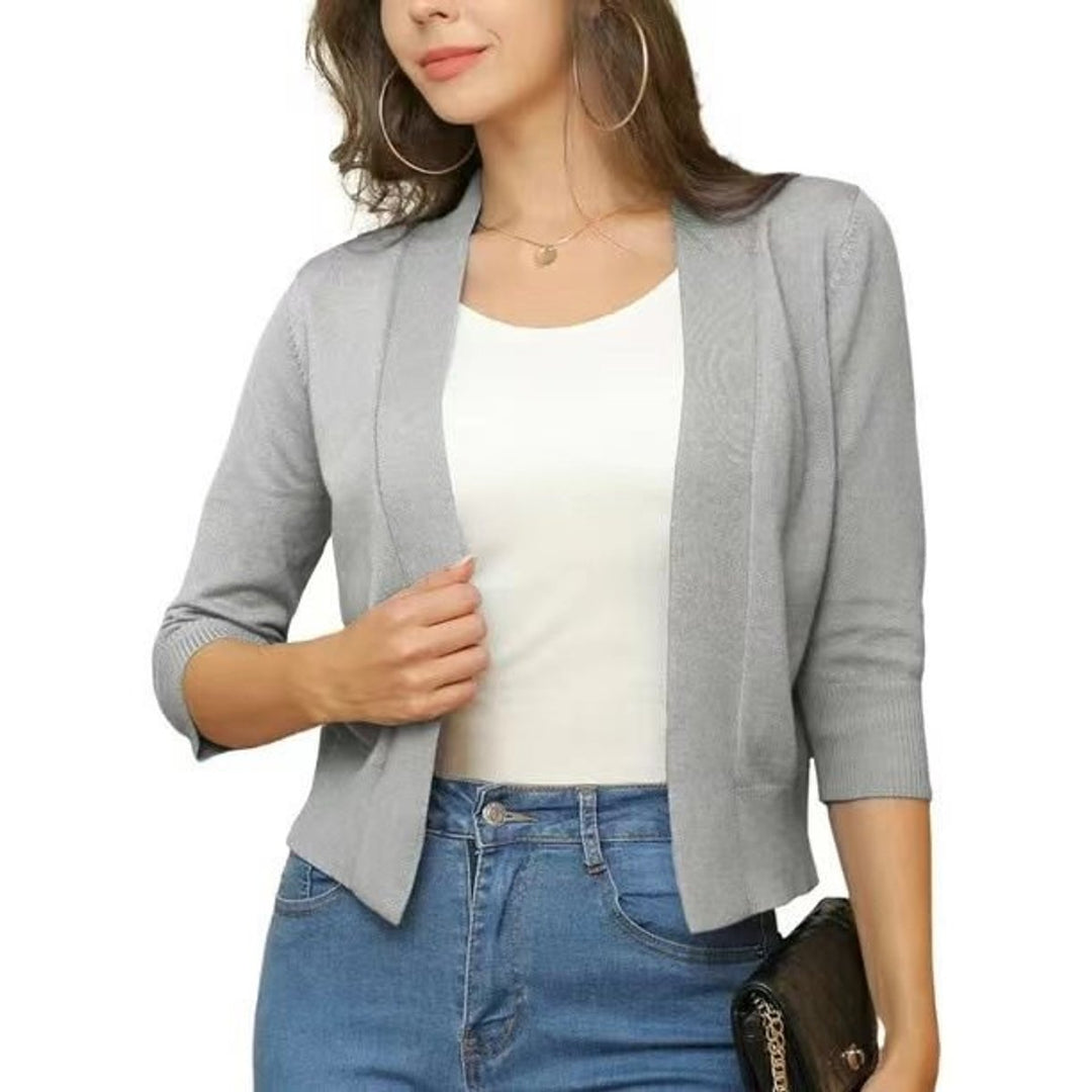 Rosalind open front cropped cardigan in navy blue, front view