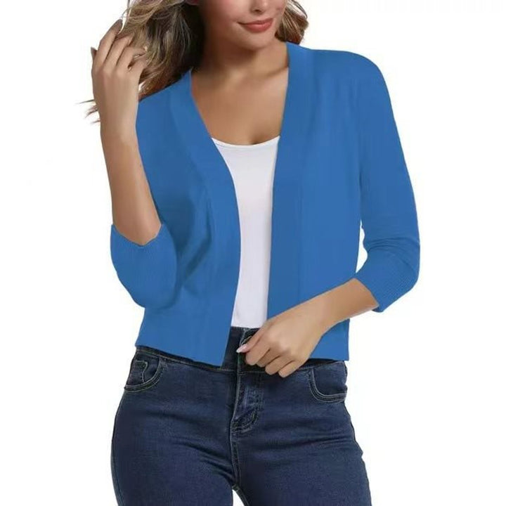 Rosalind open front cropped cardigan in navy blue, front view