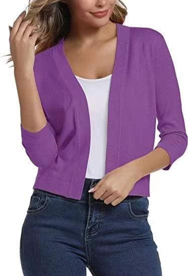 Rosalind open front cropped cardigan in navy blue, front view