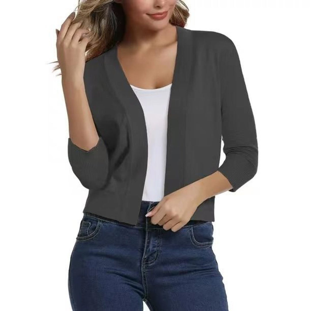 Rosalind open front cropped cardigan in navy blue, front view
