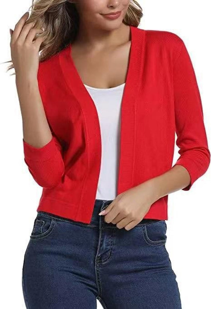 Rosalind open front cropped cardigan in navy blue, front view