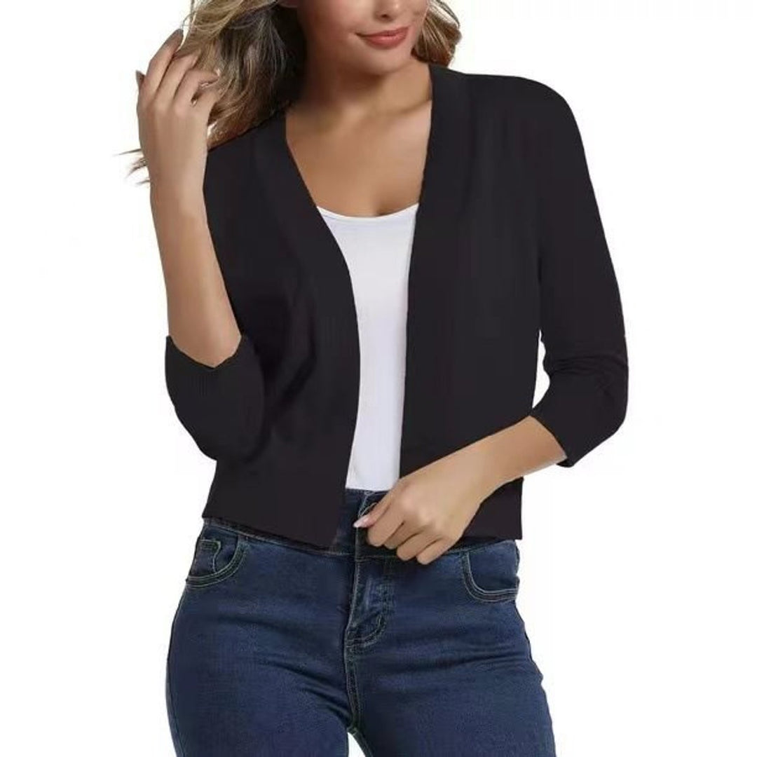 Rosalind open front cropped cardigan in black, close-up front view