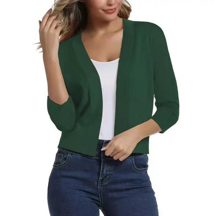 Rosalind open front cropped cardigan in navy blue, front view
