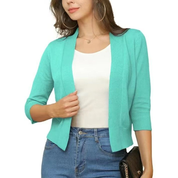 Rosalind open front cropped cardigan in navy blue, front view