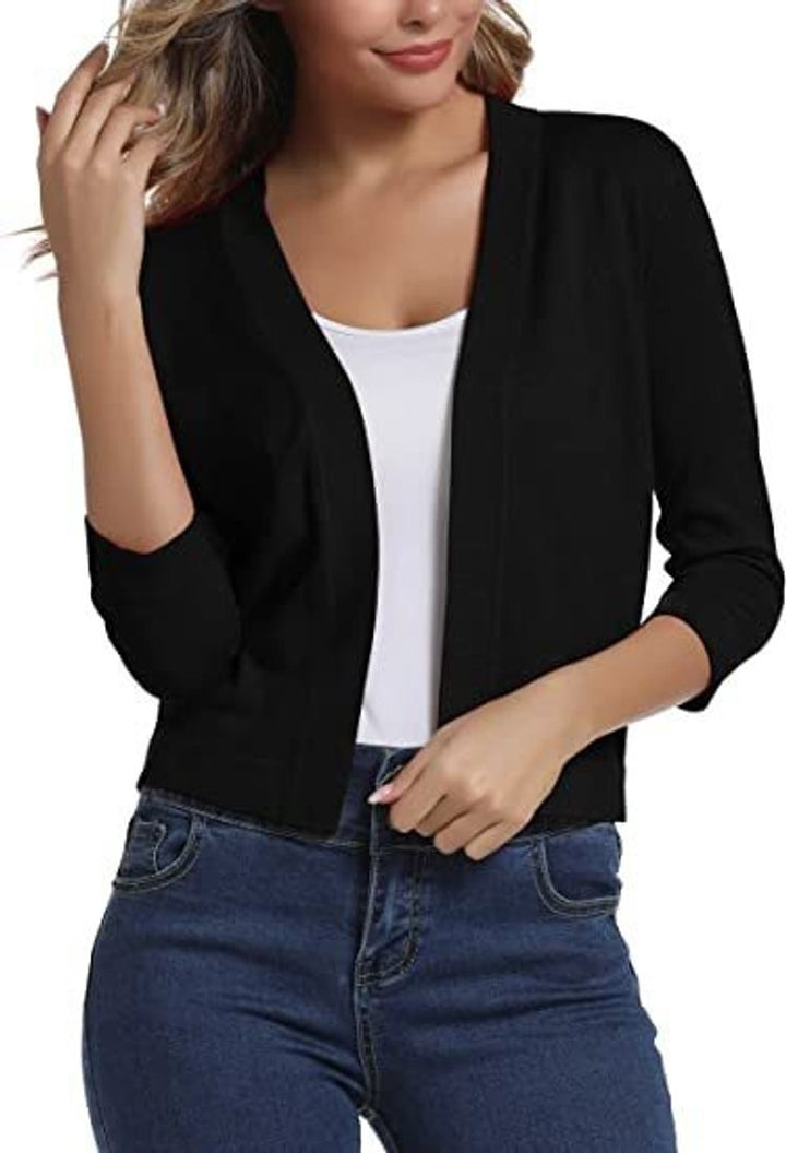 Rosalind open front cropped cardigan in navy blue, front view
