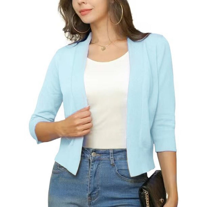 Rosalind open front cropped cardigan in navy blue, front view