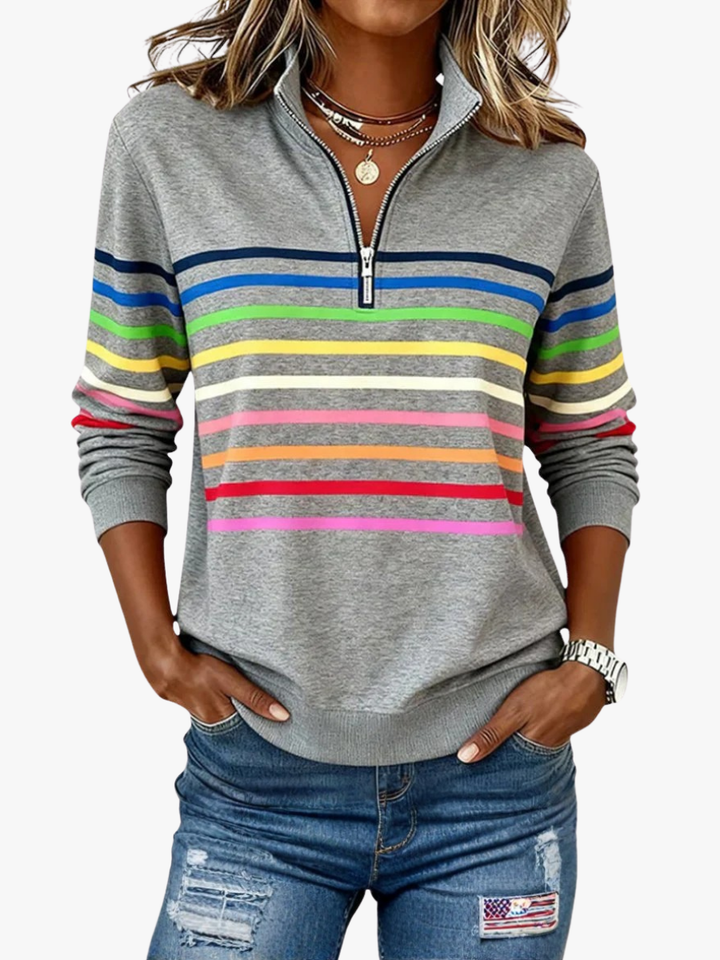 Rosalind striped quarter zip sweater in gray, close-up front view