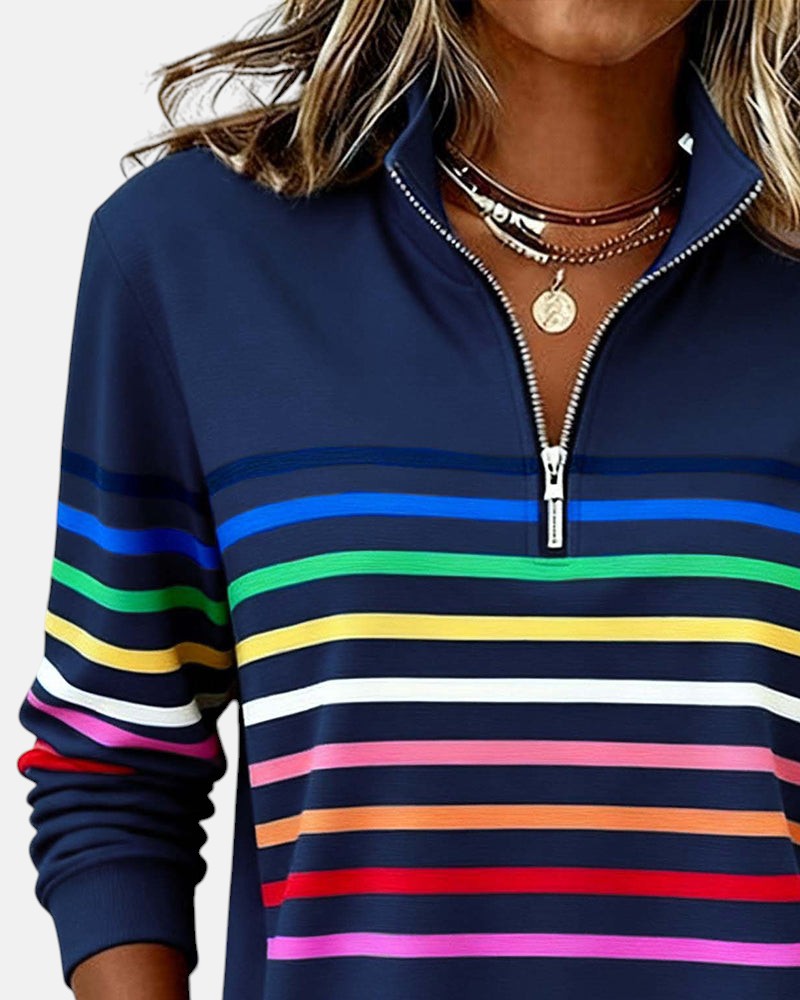 Rosalind striped quarter zip sweater in white, front view