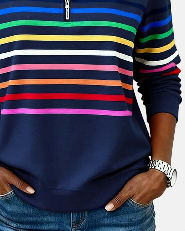 Rosalind striped quarter zip sweater in white, front view
