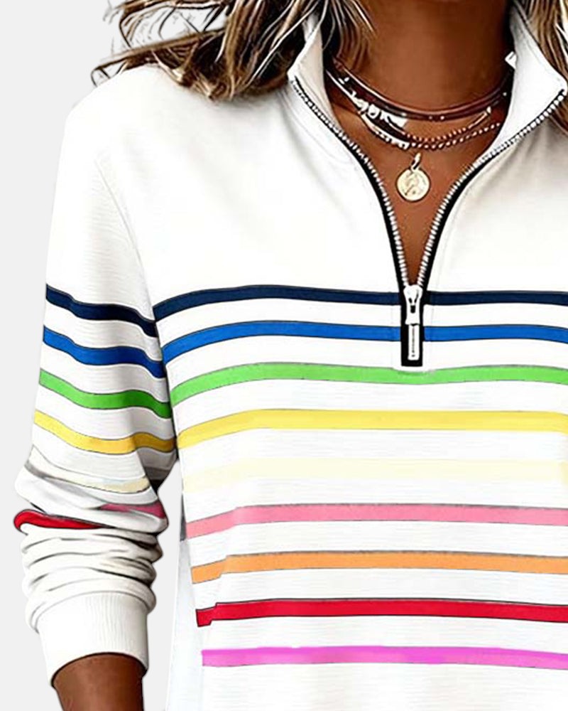 Rosalind striped quarter zip sweater in white, front view