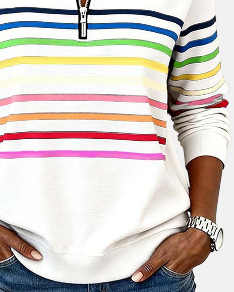 Rosalind striped quarter zip sweater in white, front view