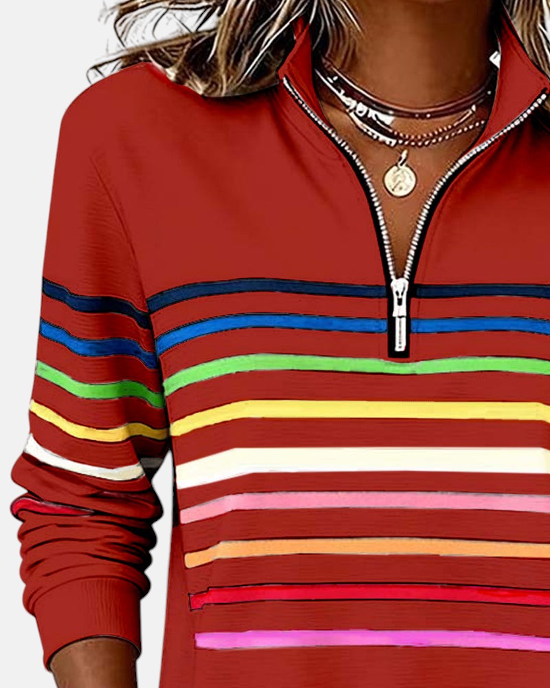 Rosalind striped quarter zip sweater in white, front view